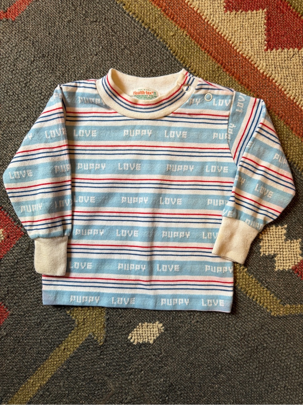 Vintage 1980’s healthtex Blue Striped 'Puppy Love' Long Sleeve Top